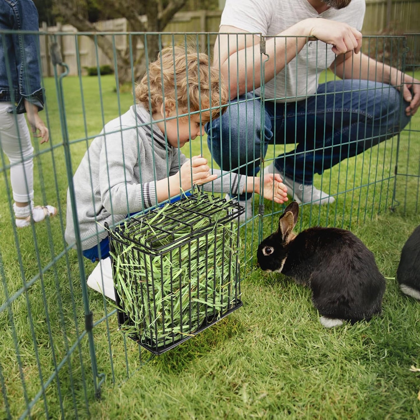 New Upgraded Rabbit Hay Feeder,Comes with Lid to Prevent Critters from Jumping in,Metal Frame Hay Rack with Adjustable Hook,for Rabbits Guinea Pigs Bunny Chinchillas Small Animals (Black)