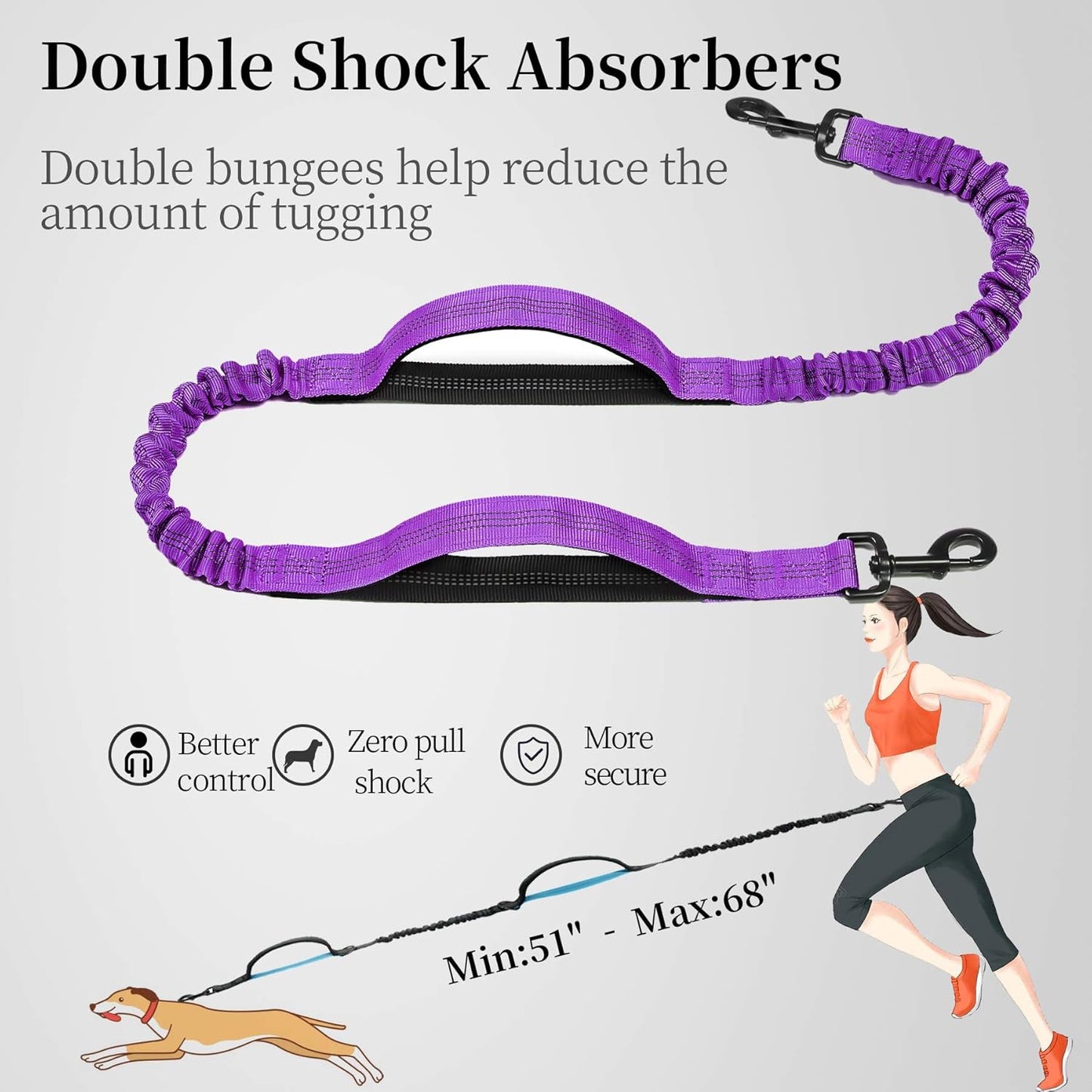 iYoShop Hands Free Dog Leash with Zipper Pouch, Dual Padded Handles and Durable Bungee for Walking, Jogging and Running Your Dog (Large, 25-120 lbs, Purple)