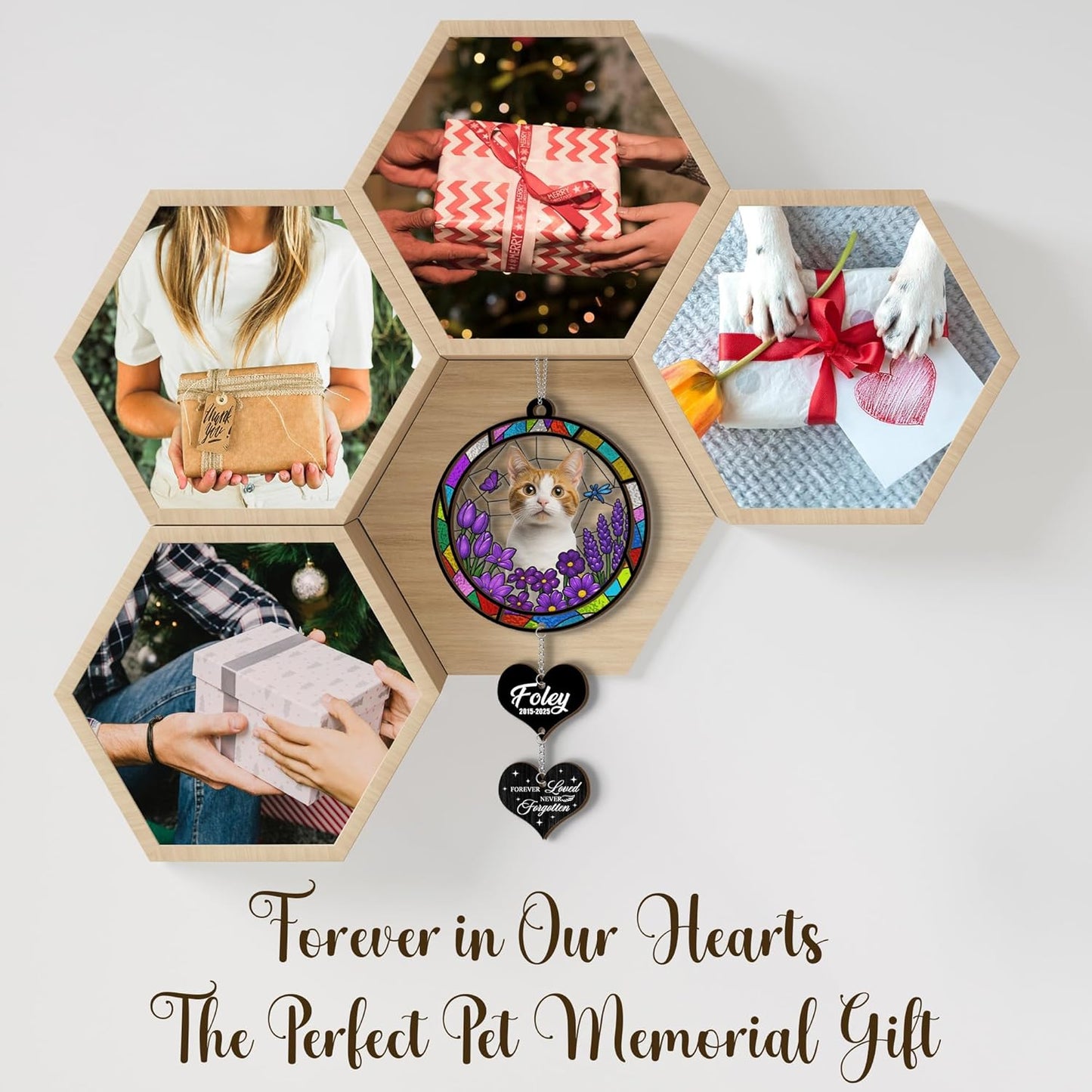 Custom Pet Memorial Gifts with Unique Design | Custom Pet Loss Gifts for Furry Friends | Round Stained Glass Cat Suncatcher with Charms | Personalized Cat Loss Sympathy Gift for Pets Owners