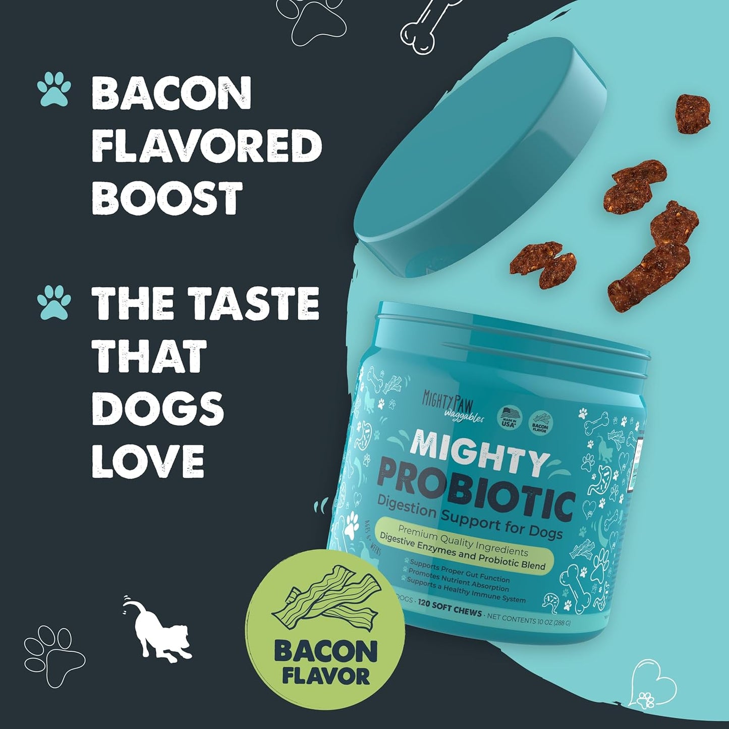 Mighty Paw Waggables Probiotic Chews for Dogs (Made in USA) | Dog Probiotics & Digestive Enzymes. Bacon Flavor Probiotic for Dogs Digestive Health. Prebiotics, Probiotics for Dog Gut Health (120 Ct)