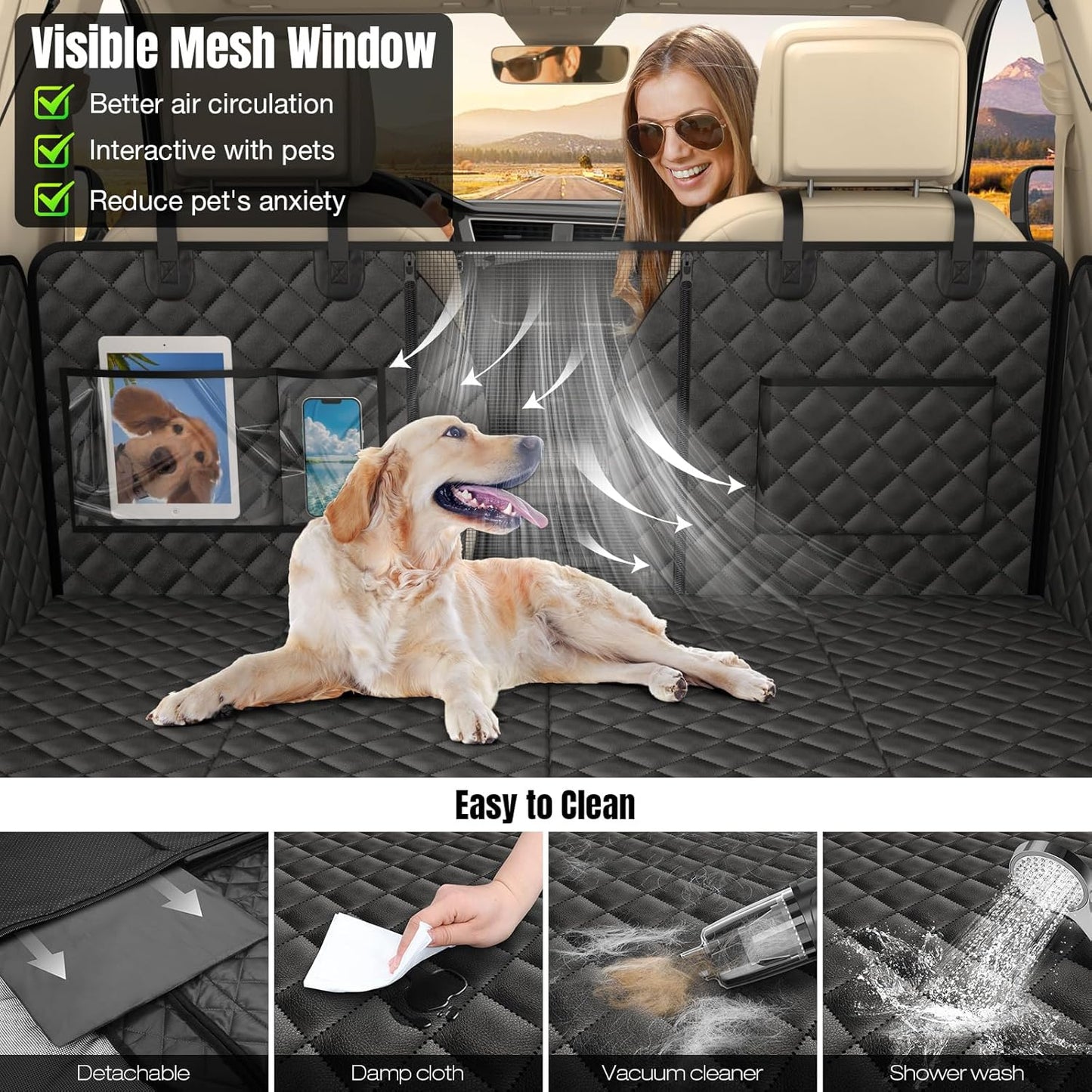 AsFrost Upgraded PU Leather Dog Car Seat Cover for Back Seat, Waterproof Scratchproof Back Seat Extender Protector with Hard Bottom for Dogs Travel Camping, Dog Hammock Bed for Cars SUVs Trucks-Black