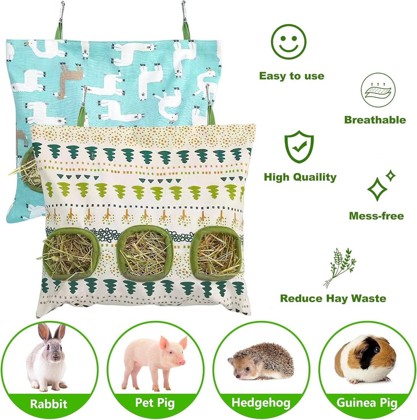 Lesnala 2pcs Bunny hay Feeder Hanging Guinea Pig Food Bag Large Capacity Cotton Canvas Fabric for Rabbits Chinchillas Hamsters and Other Small Pets 3 Holes 2 Styles