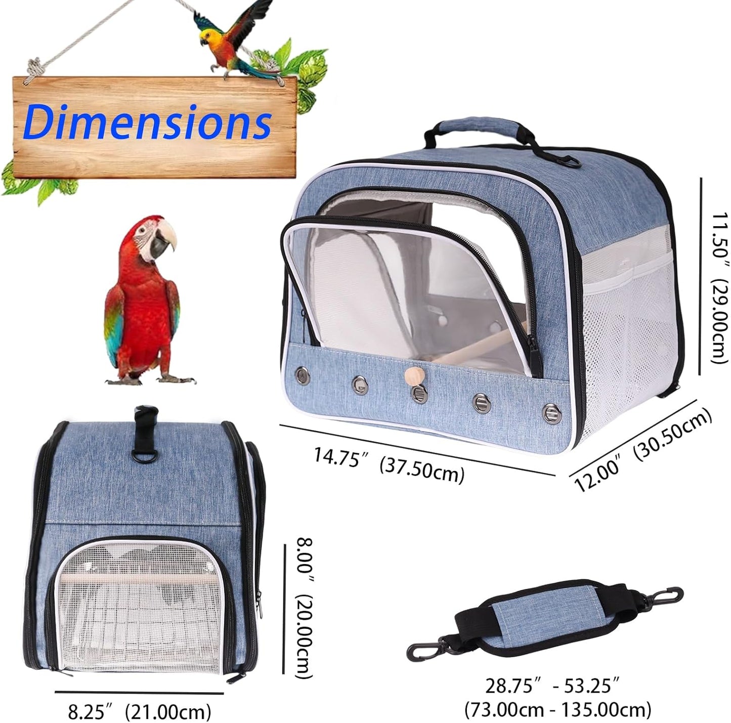 Bird Travel Carrier Cage for Large Size Parrot, Portable Bag with Metal Tray and Grid to Carry and Transport Medium and Large Birds Like African Grey, Long Tail Cockatiel and Parrot