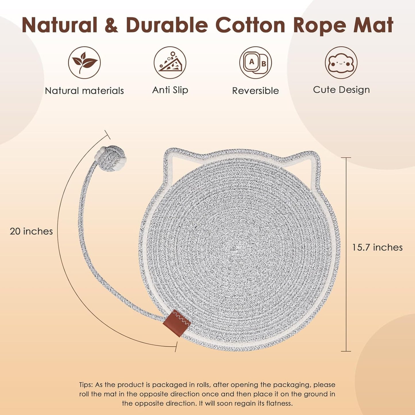 Cat Scratcher Mat, Natural Cotton Rope Cat Scratch Pad, 15.7'' Round Horizontal Floor Cat Scratching Pads for Indoor Cats, Cat Furniture Protector for Wall, Couch, Carpets, Sofas