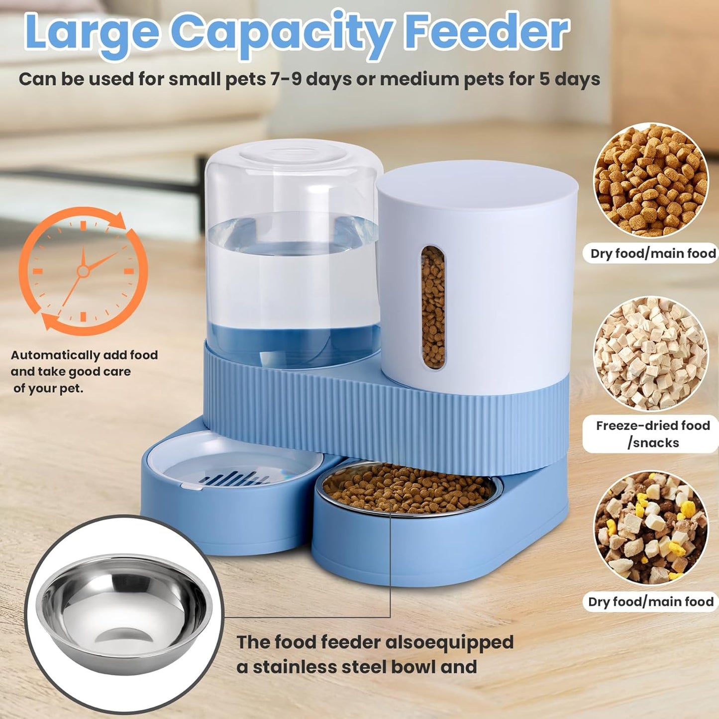 Automatic Dog Cat Water Dispenser Gravity Feeder and Water Dispenser Stainless Steel 2-in-1 Set Large Capacity Dispenser for Pets Dogs, Puppies, Kittens-Blue