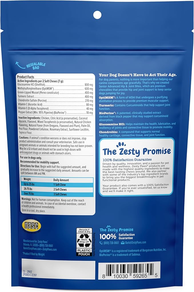 Zesty Paws Mobility Bites Joint Supplement for Dogs - Soft Chews with Glucosamine for Dogs, Chondroitin, & MSM + Vitamins C and E - Adv Chicken - 60 Count
