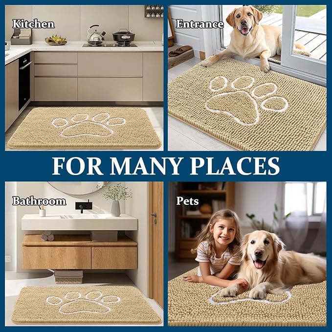 OLANLY Door Mat for Muddy Dog Paws 70x24, Ultra Absorbent Chenille Mud Doormat with Paw Print Design, Non-Slip Washable Doormat for Indoor Entryway, Quick-Dry Pet Bed Mats for Dirty Dogs, Beige