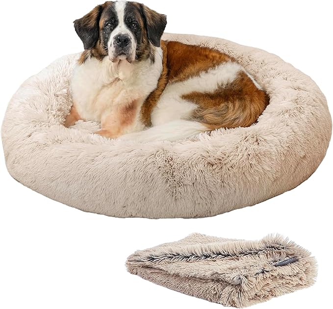 Best Friends by Sheri Bundle Set The Original Calming Shag Donut Cuddler Cat and Dog Bed + Pet Throw Blanket, Taupe, Extra Large, 45x45