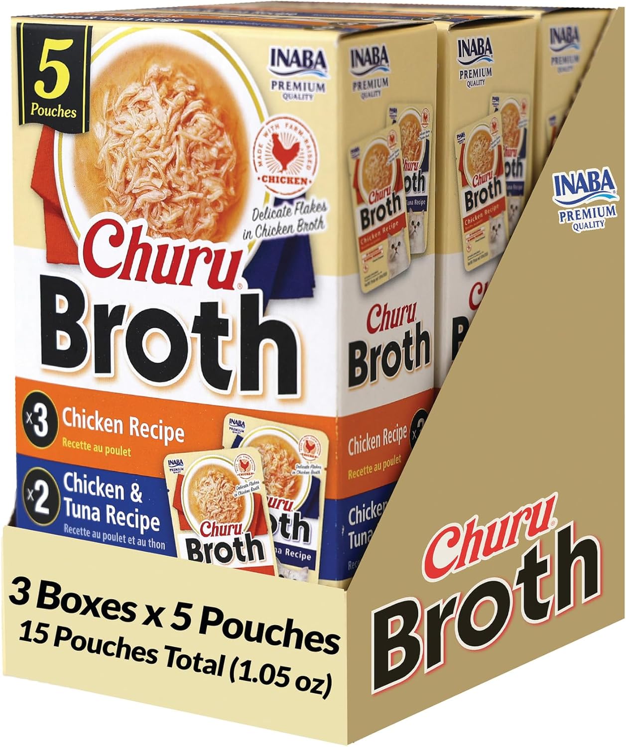 INABA Churu Broth for Cats, Creamy Broth with Shredded Chicken Side Dish Pouch, 1 Ounce per Pouch, 15 Pouches, Chicken & Tuna Variety Pack
