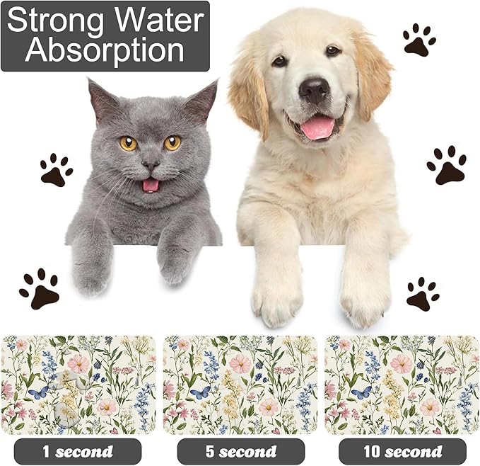 Vintage Herbs Flowers Pet Cat Dog Food Mat-Absorbent Quick Dry Feeding Placemat for Water and Food, No Stains Rubber Base Mat for Indoor Use, Pet Accessories 12"x20"