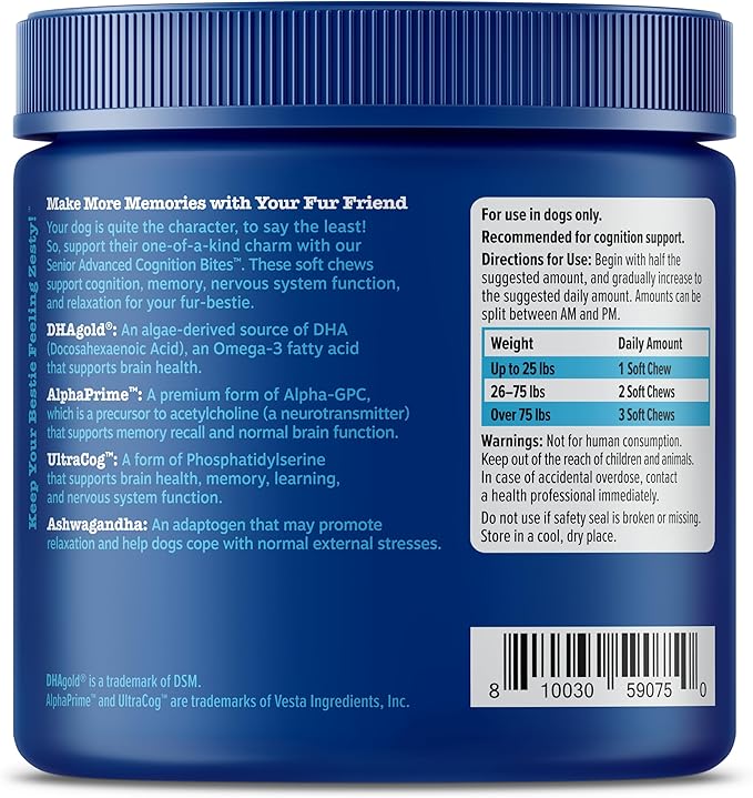 Zesty Paws Advanced Cognition Soft Chews for Dogs - with Omega 3 DHA, Ashwagandha & Alpha GPC - for Senior Dog Brain Health & Nervous System Support - Supplement for Calming & Relaxation - 90 Count