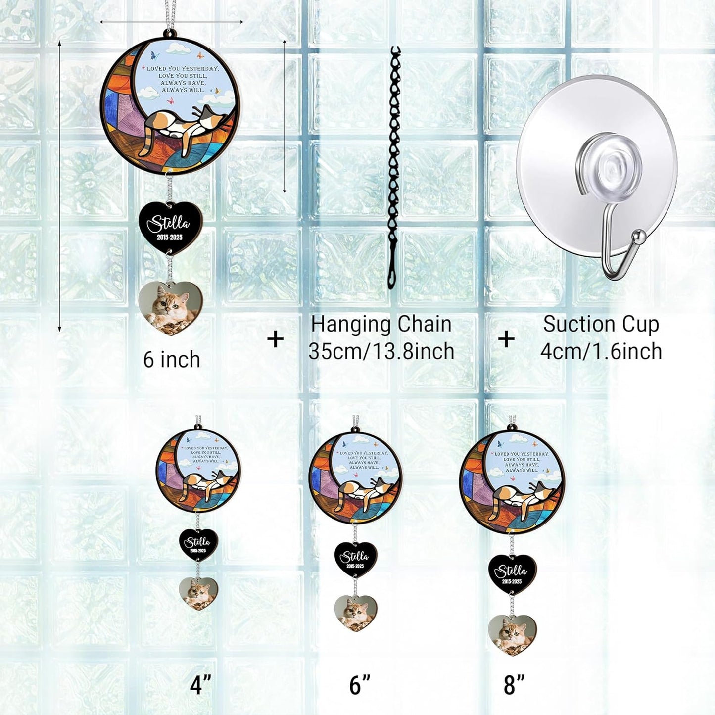 Personalized Stained Glass Sleeping Cat Suncatcher |Cat Loss Sympathy Gift | Customized Pet Memorial Suncatcher with Charms | Custom Pet Memorial Gifts| Best Gifts for Your Beloved Cats Passed Away