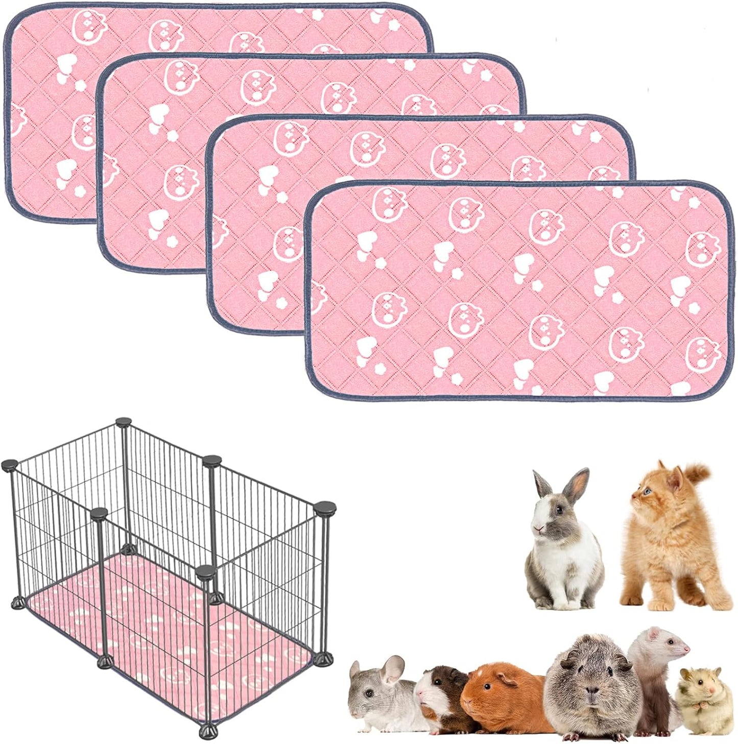 4 Pack Guinea Pig Bedding - Washable Guinea Pig Liners for C&C 2x1 Cage, Waterproof Reusable & Anti Slip Pee Pads Super Absorbent Mats for Small Animal Rabbit Hamster Rat (Pink, 28 x 14 Inch)