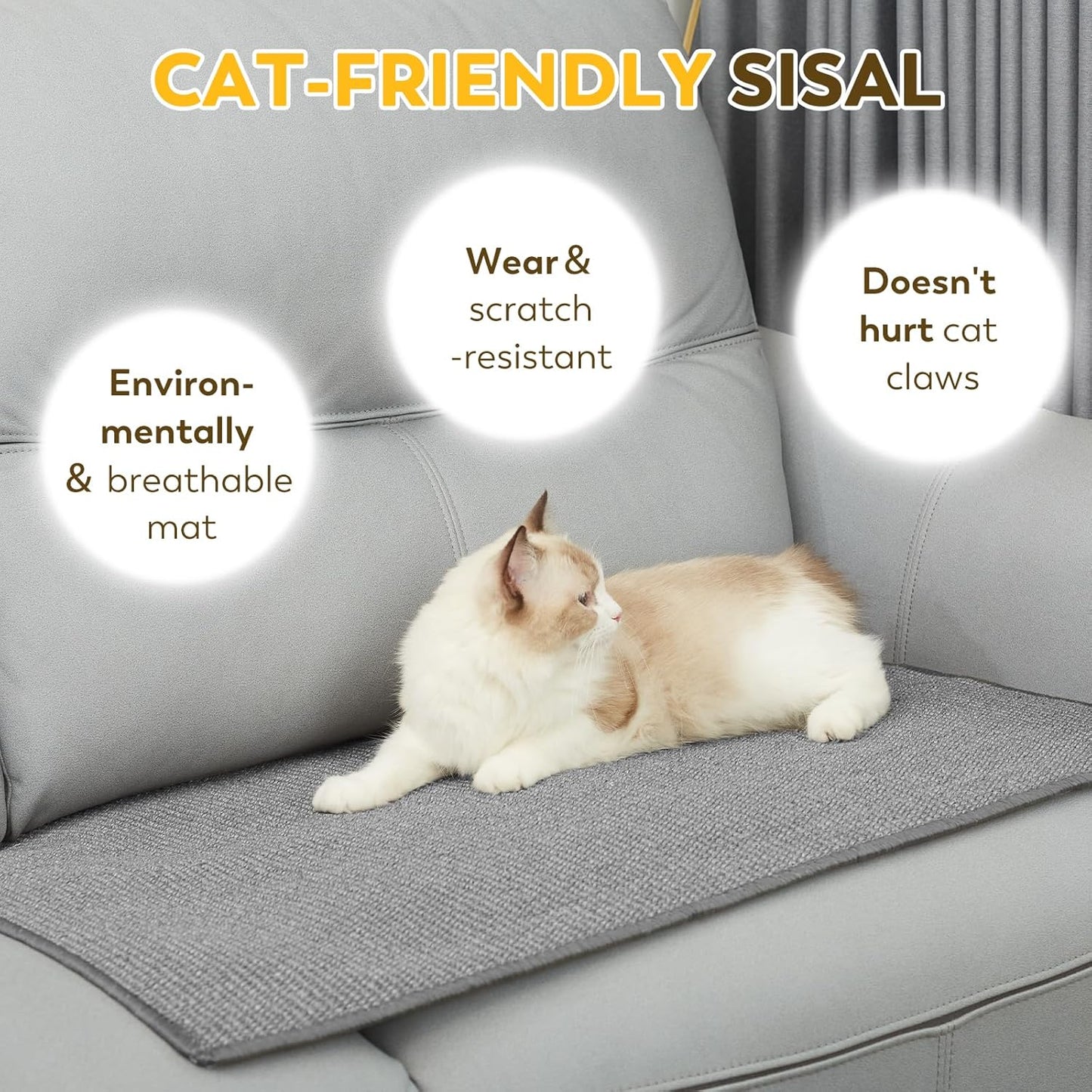 Cat Scratcher Mat with Sticky Tapes, 23.6" x 15.7" Sisal Cat Scratching Carpet for Indoor Cats, Stick on Floor and Wall Cat Scratch Pad Rug(Gray)