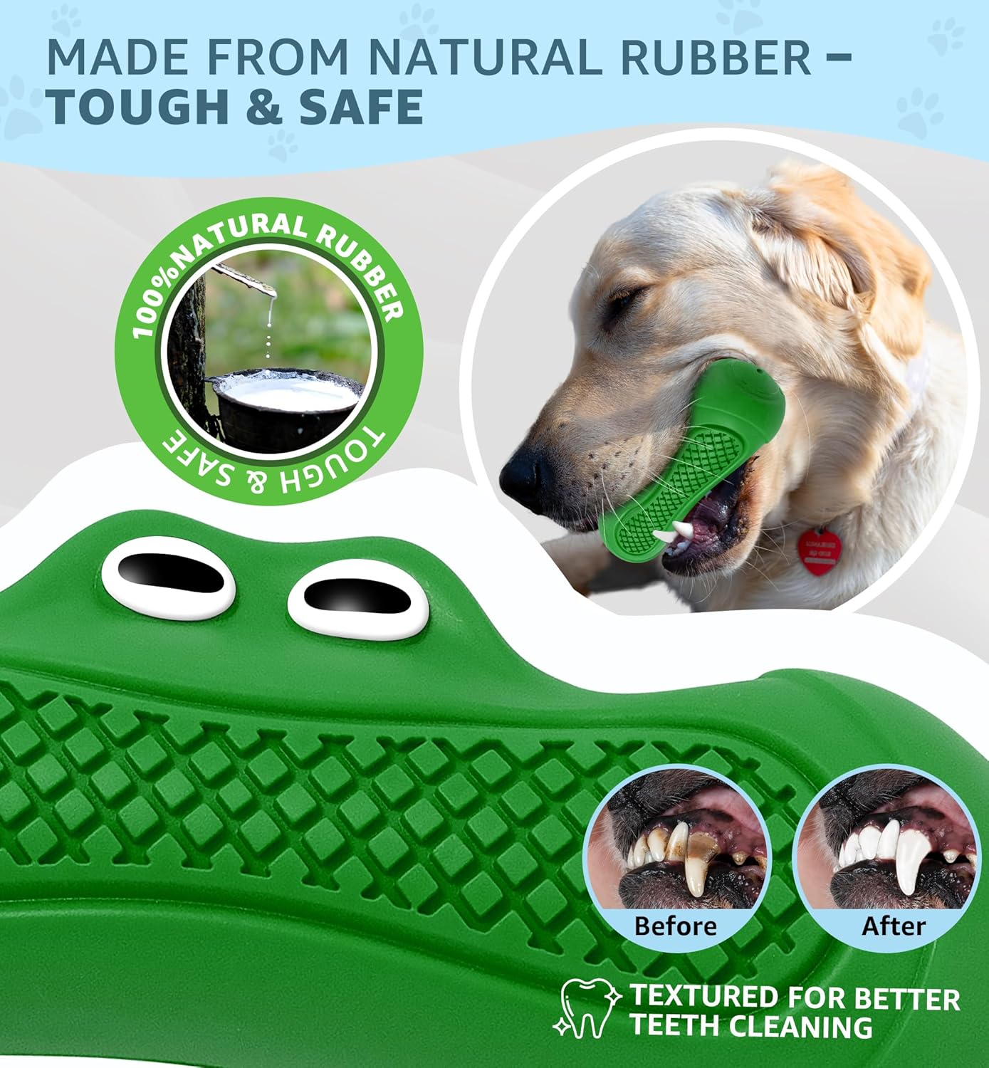 Durable Dog Chew Toy for Aggressive Chewers, Tough Natural Rubber Squeaky Dog Toy with Irresistible Beef Flavor, Dental Care, Teeth Cleaning & Boredom Relief for Medium & Large Dogs (Green)