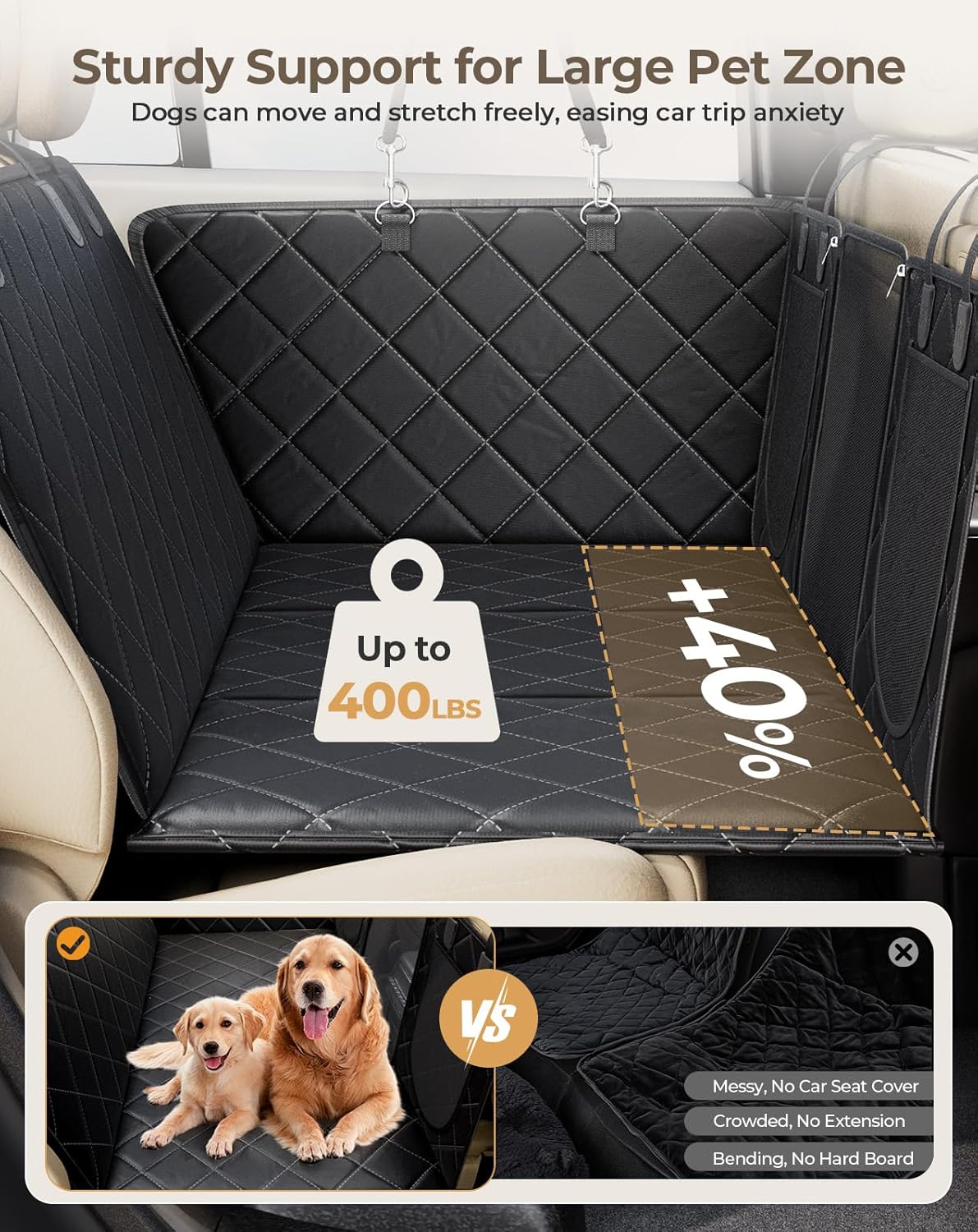 Dog Car Seat Cover for Back Seat Hard Bottom, 600D Waterproof Back Seat Extender, Durable Anti-scratch Nonslip Pet Dog Hammock for Car SUV Truck Travel