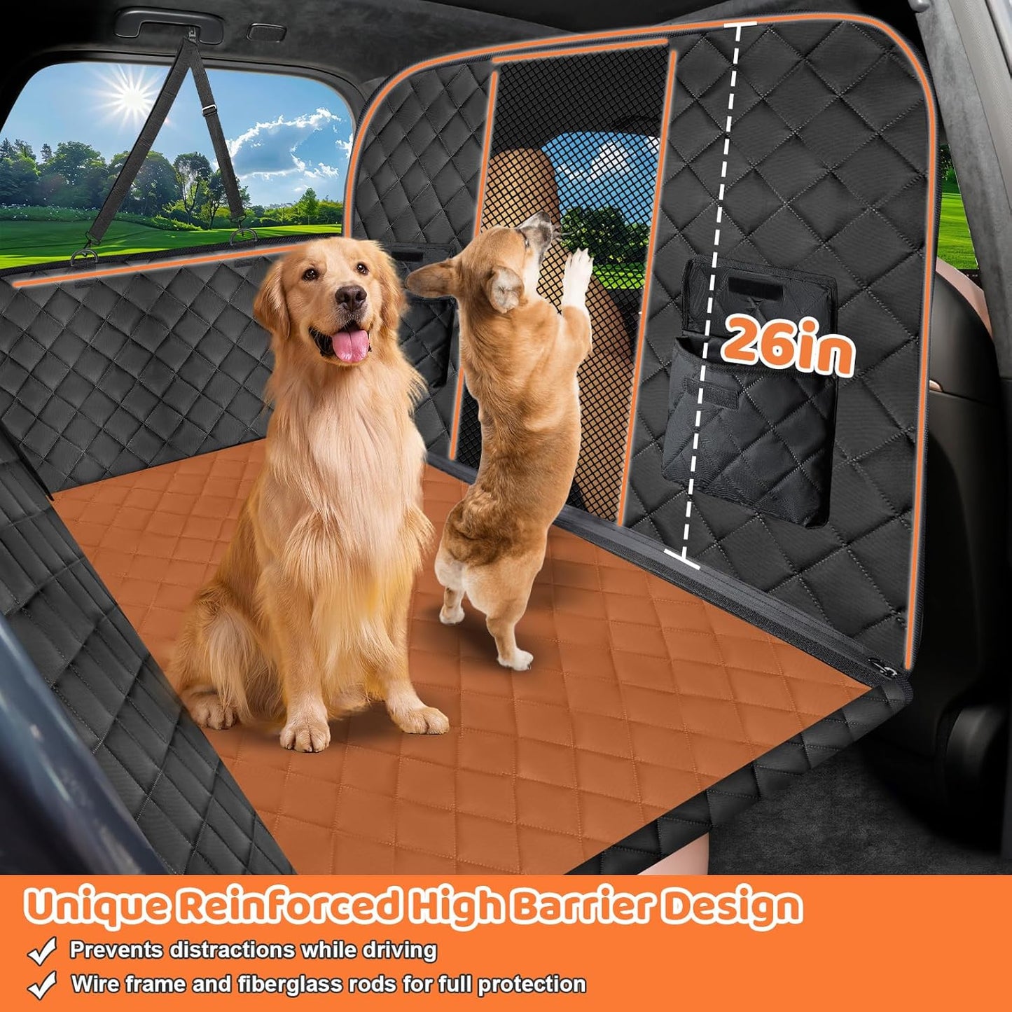 URPOWER High Barrier Back Seat Extender for Dogs, Hard Bottom Dog Car Seat Cover Holds 400 lbs, Waterproof Dog Hammock for Cars, SUV, Small Truck, Dogs Car Bed Pet Backseat Protector with Mesh Window