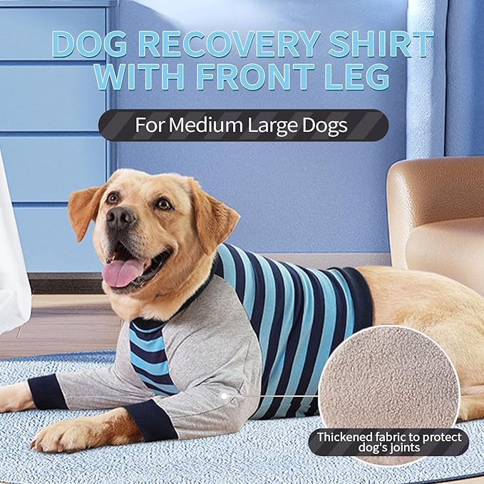 FUAMEY Dog Recovery Sleeve with Elbow Protector,Dogs Shirt Stop Licking Joints,Pet Long Sleeve Suit Protecting Dog's Front Leg Arm Wounds Cover Skin Conditions Blue Stripes 3XL