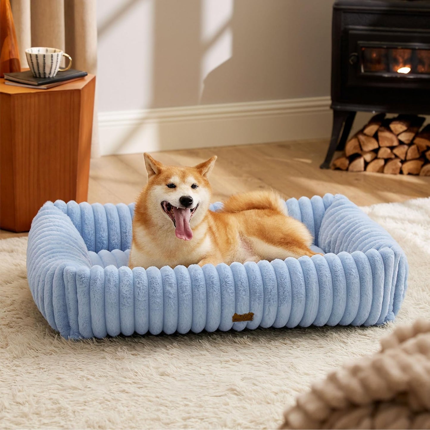 Bedsure Washable Dog Bed for Large Dogs - Cute Furry Puppy Beds, Rectangle Orthopedic Corduroy Fleece Pet Beds with Removable Zipper Cover, 36x27x8inches, Blue