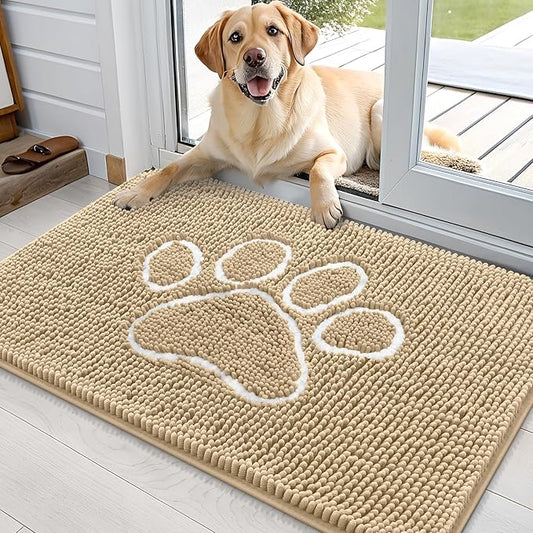 OLANLY Door Mat for Muddy Dog Paws 36x24, Ultra Absorbent Chenille Mud Doormat with Paw Print Design, Non-Slip Washable Doormat for Indoor Entryway, Quick-Dry Pet Bed Mats for Dirty Dogs, Beige