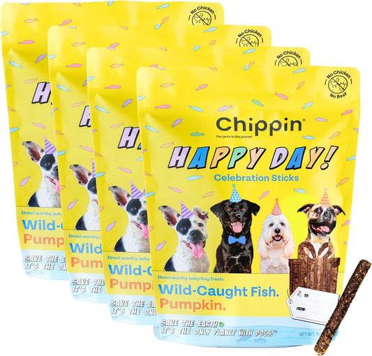Chippin Giftable Soft Dog Treat | Wild-Caught Fish & Pumpkin Jerky for Dogs | Dog Birthday, Adoption, No Chicken, Grain-Free, Hypoallergenic | Made in USA, 4-Pack