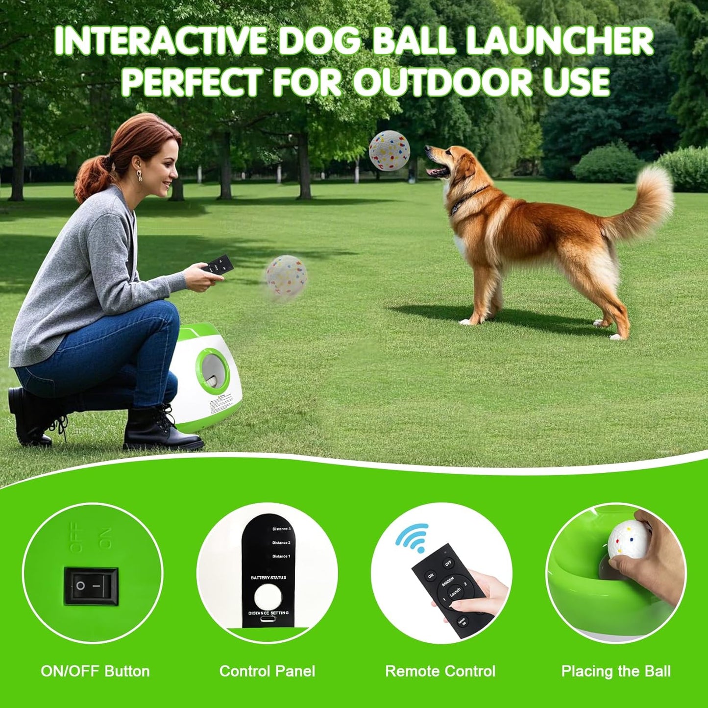 Automatic Dog Ball Launcher, Upgraded Interactive Dog Balls Thrower with 3 Distance 29Ft-79Ft, Remote Control Ball Launcher for Medium & Large Dogs, 5 Etpu Balls Included (Lime Green)