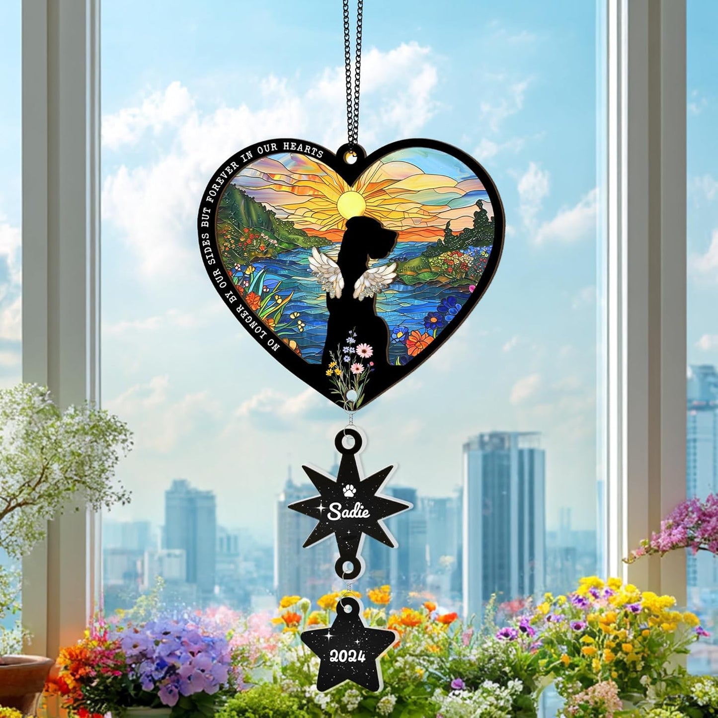 Personalized Dog Memorial Suncatcher – Custom Multiple Dogs with Names, Breeds & Backgrounds, Loss of Dog Sympathy Gift, Pet Remembrance Keepsake, Gift for Dog Lovers