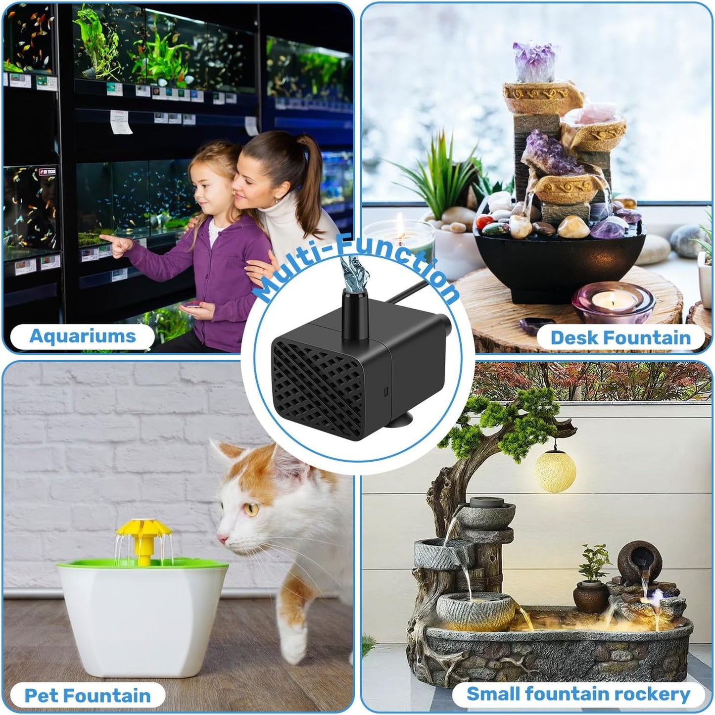 Mini Submersible Pump, Small Fountain Pump with & Sensor (DC 5V USB) for Fish Tank, Pet Fountains, Water feature, Tabletop Fountain, Pond, Hydroponics, Cat Drinking Fountain Replacement Pump