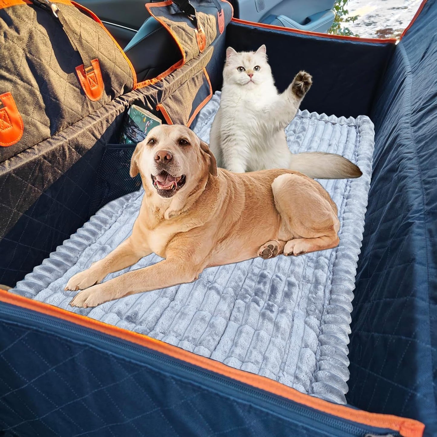 Backseat Dog Bed Mat for Car Seat Cover, Non-Slip Pet Bed Mat for Back Seat Extender, Furry Dog Couch Covers, Washable Travel Dogs Bed for Cars, SUVs, Sedans. (55" x 21.3") (Light Grey, M)