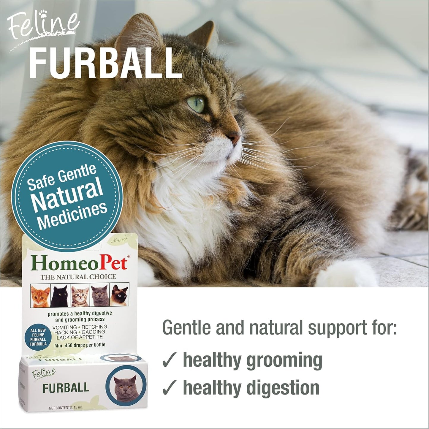 HomeoPet Feline Furball, Safe and Natural Hairball Supplement for Cats, Cat Hairball Relief, 15 Milliliters
