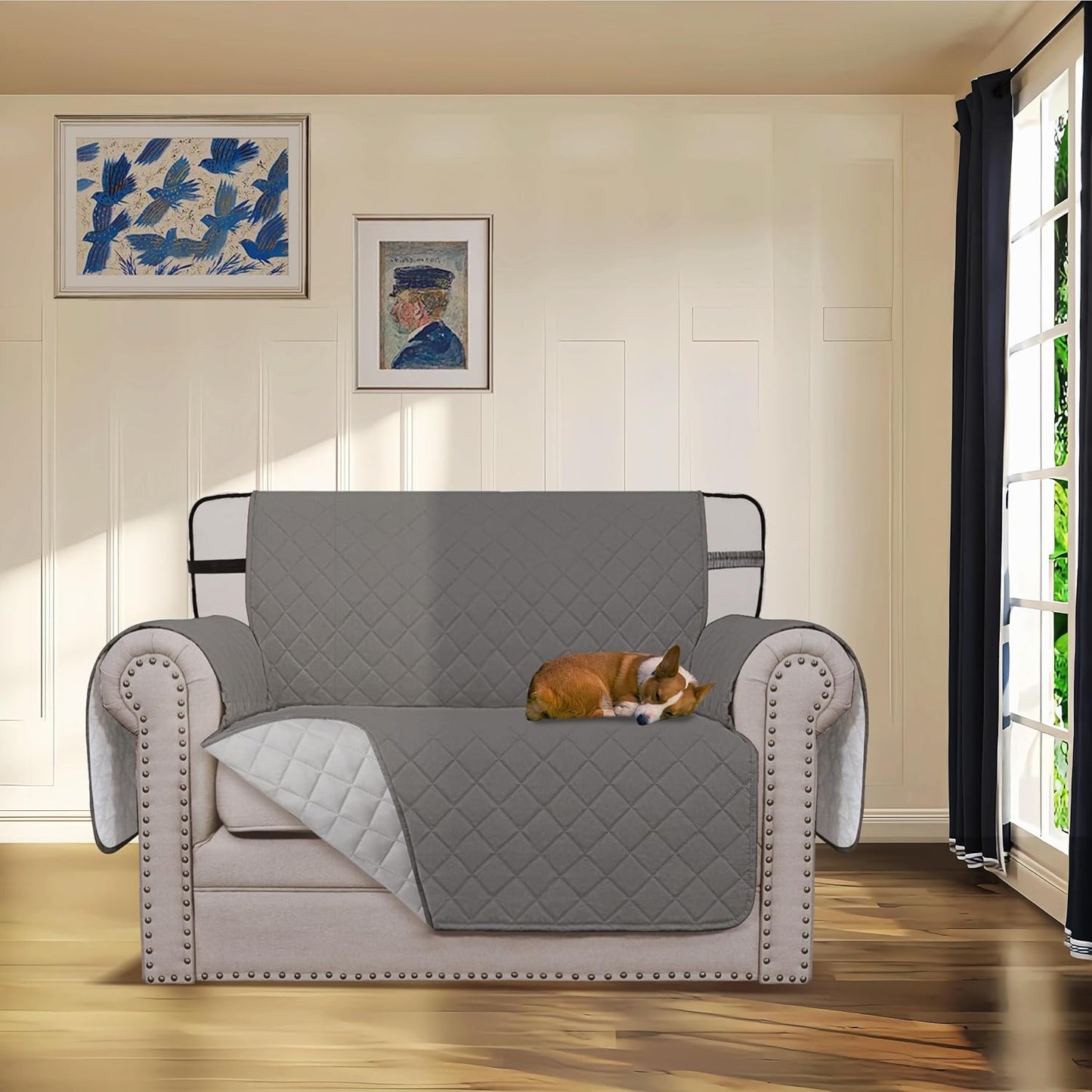 Easy-Going Reversible Chair Cover Washable Sofa Cover for Dogs Water Resistant Couch Slipcover Furniture Protector Cover with Adjustable Straps for Pets (Chair 30 in, Gray/Light Gray)