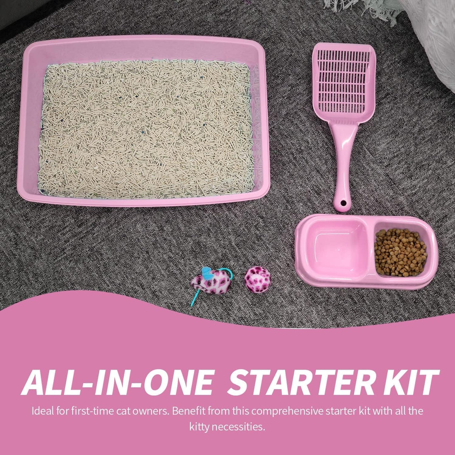 PAWISE Small Cat Litter Box Kit for Kittens – 5‑Piece Kit with Low Entry Litter Pan, Scooper, Feeding Bowls & Mouse Toy – Cat Starter Set for New Kitty Home, Pink