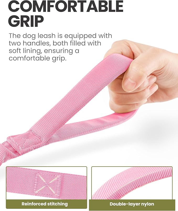 OutdoorMaster Bungee Dog Leash, Heavy Duty Dog Leash with Shock Absorption, 2 Padded Handles Training Leash, Improved Dog Safety and Comfort - Pink Upgraded, 4 FT