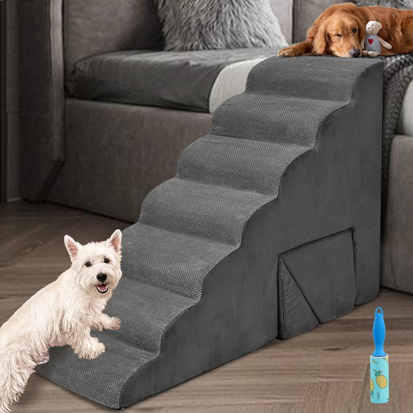 7-Tiers Dog Ramp for Small Dogs, 33 inch Foam Dog Stairs/Steps for High Beds, Non-Slip 7 Steps Pet Stairs for Small Dogs and Older Pets, Dark Gray