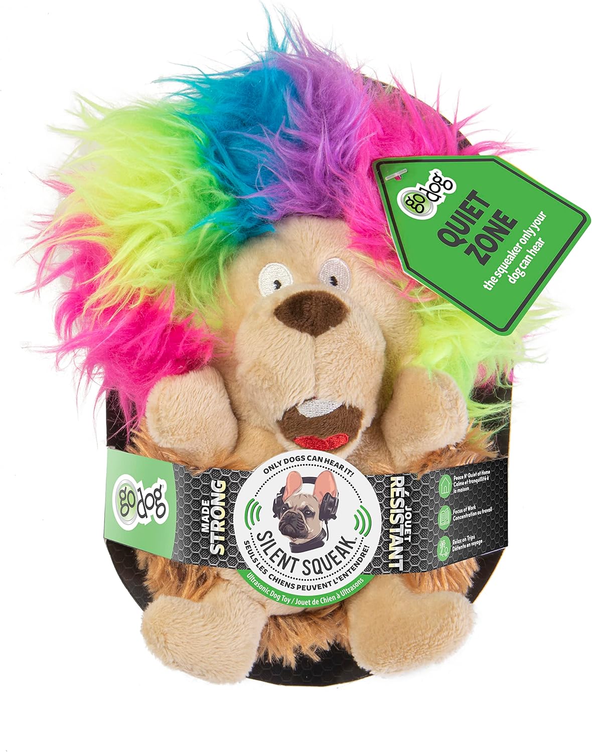 goDog Crazy Hairs Hedgehog Silent Squeak Plush Dog Toy, Chew Guard Technology - Brown, Small