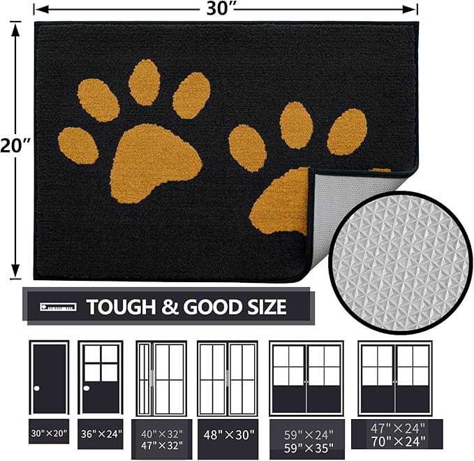 Buganda Dog Door Mat for Muddy Paws, Absorbent Dirt Trapper Washable Indoor Doormats, Non Slip Low-Profile Mud Mat for Dogs, Front Entrance Doormat for Inside Floor (30x20 Inches, Black and Yellow)