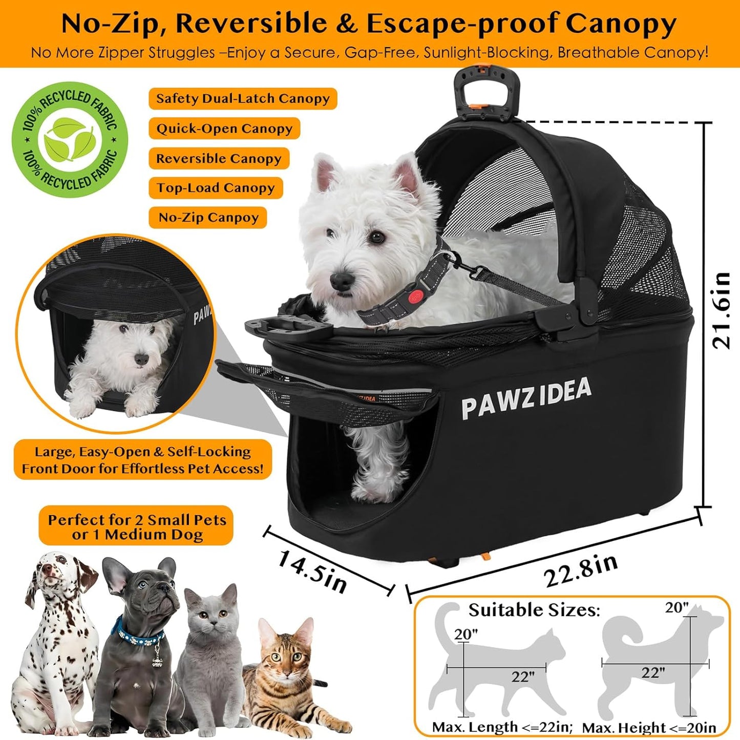PAWZIDEA Pet Stroller 4 in 1, Cat Strollers with Detachable Carrier No-Zip Canopy, Portable Dog Crate for Car Seat Travel, Foldable & Lightweight Jogger for Small/Medium Dogs and Cats, Storage Basket