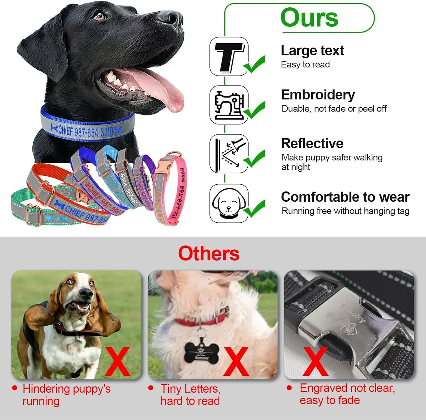 Personalized Reflective Dog Collar Embroidered with Pet Name and Phone Number - Metal Buckle Adjustable Custom Dog Collars in Pink, Blue, Black for Medium Dogs, Boys and Girls Puppy