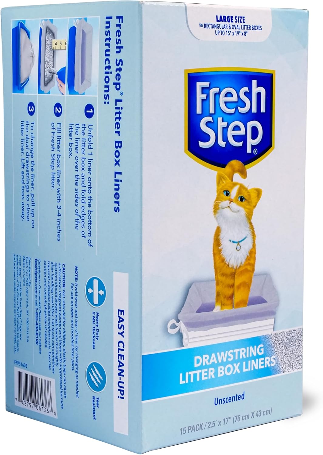 Fresh Step Drawstring Cat Litter Box Liners, Unscented - Kitty Litter Bags for Rectangle or Oval Large Litterboxes, Size Large, 30" x 17" - 15 Count - 12 Pack