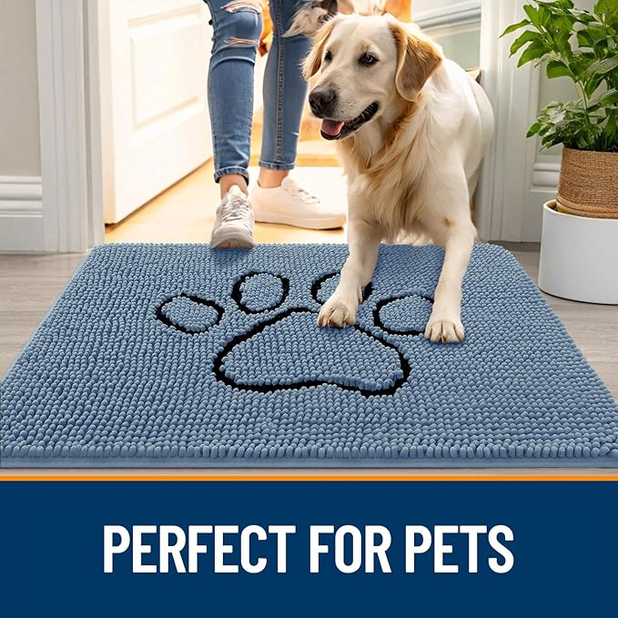 OLANLY Door Mat for Muddy Dog Paws 30x20, Absorbent Chenille Doormat with Paw Print Design, Non-Slip Washable Doormat for Indoor Entryway, Quick-Dry Pet Bed Mats for Dirty Dogs, Airy Blue and Black