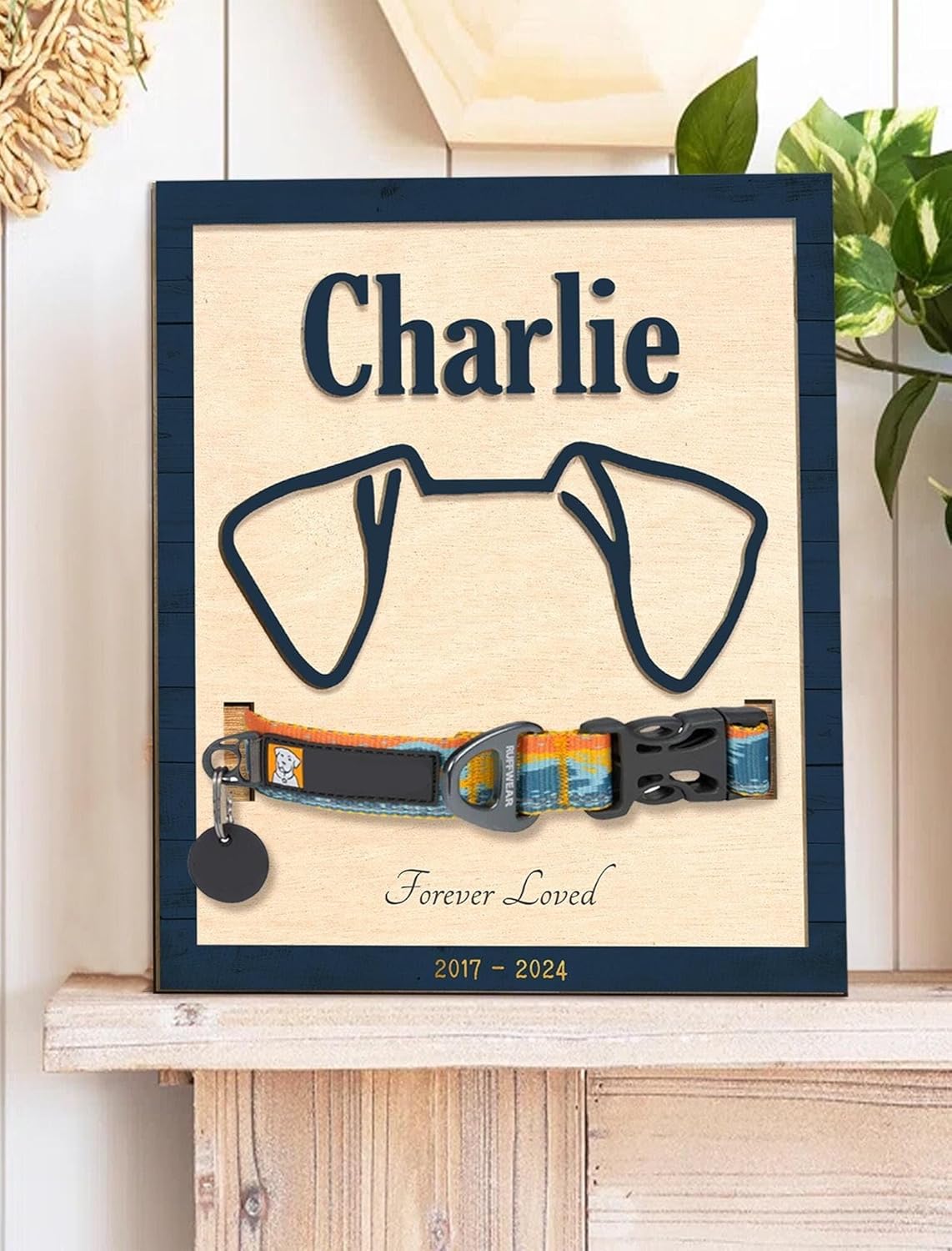 Custom Pet Memorial Sign with Dog Ear Outline and Collar Holder – Personalized Dog Loss Gift, Pet Sympathy Frame, Remembrance Gift for Dog Lovers
