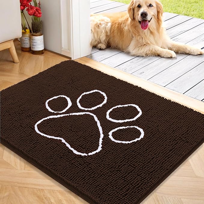 OLANLY Door Mat for Muddy Dog Paws 40x32, Ultra Absorbent Chenille Mud Doormat with Paw Print Design, Non-Slip Washable Doormat for Indoor Entryway, Quick-Dry Pet Bed Mats for Dirty Dogs, Brown