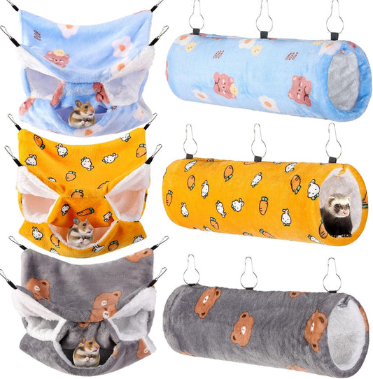 Sweetude 6 Pcs Rat Hammock Set Ferret Hanging Tunnel 3 Tier Guinea Pig Hammocks Hideout Soft Chinchilla Bed for Cage Accessories Hide,Play and Sleep (Sun,Bear)