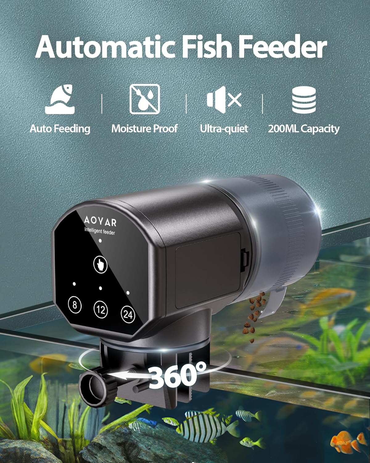 Automatic Fish Feeder Dispenser for Aquarium: 200ml Large Capacity Auto Feeders for Small Tank Turtle Betta Koi - Battery Food Feeding Timer for Flakes Pellet Vacation Weekend Day