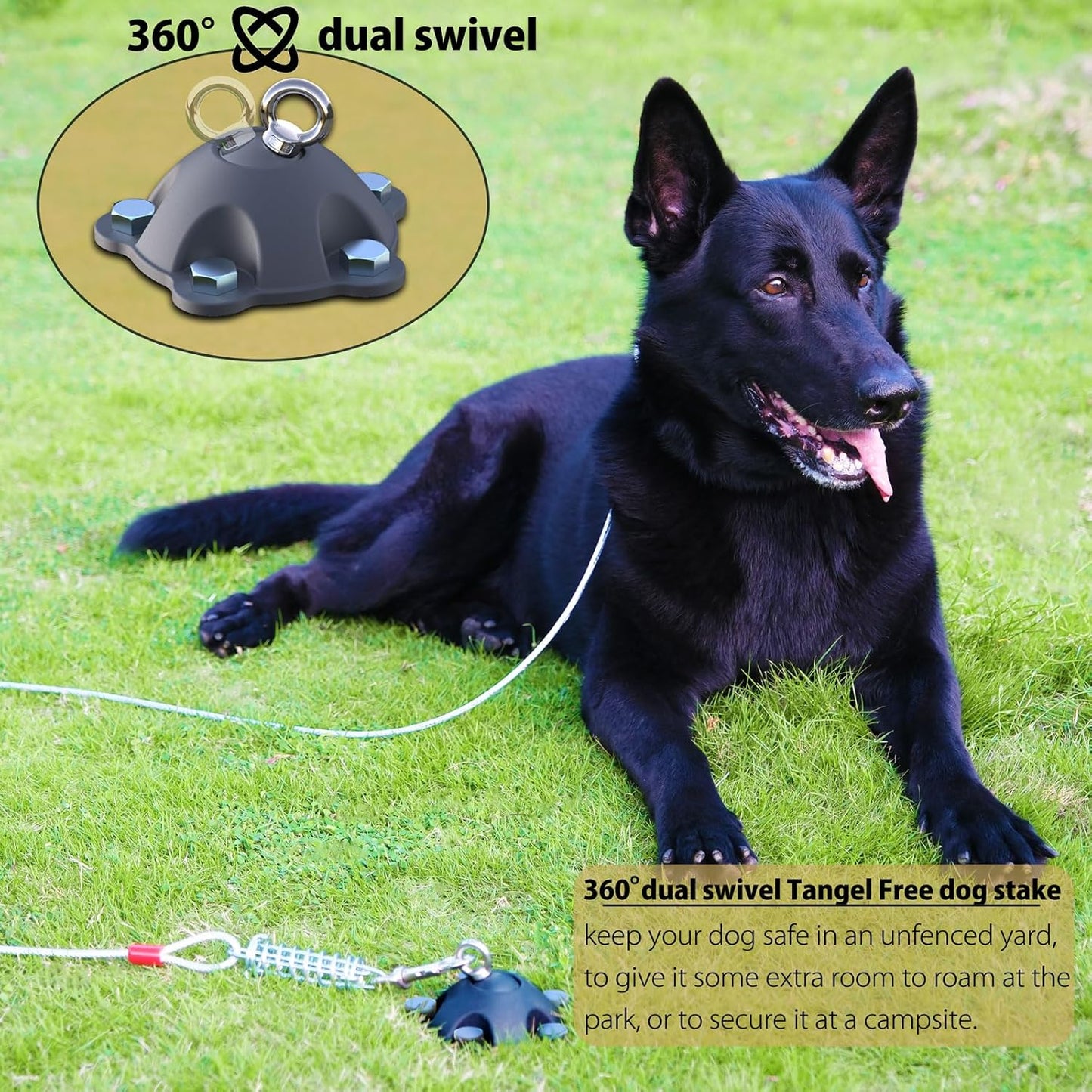 Patented 360° Swivel Dog Tie Out Stake Dog Anchor for Small to Large Dogs Up to 150lbs - Dog Yard Leash Stake with 5 Strong Tether Holds 1000lbs of Pull Force (Stake with 10 Cable)