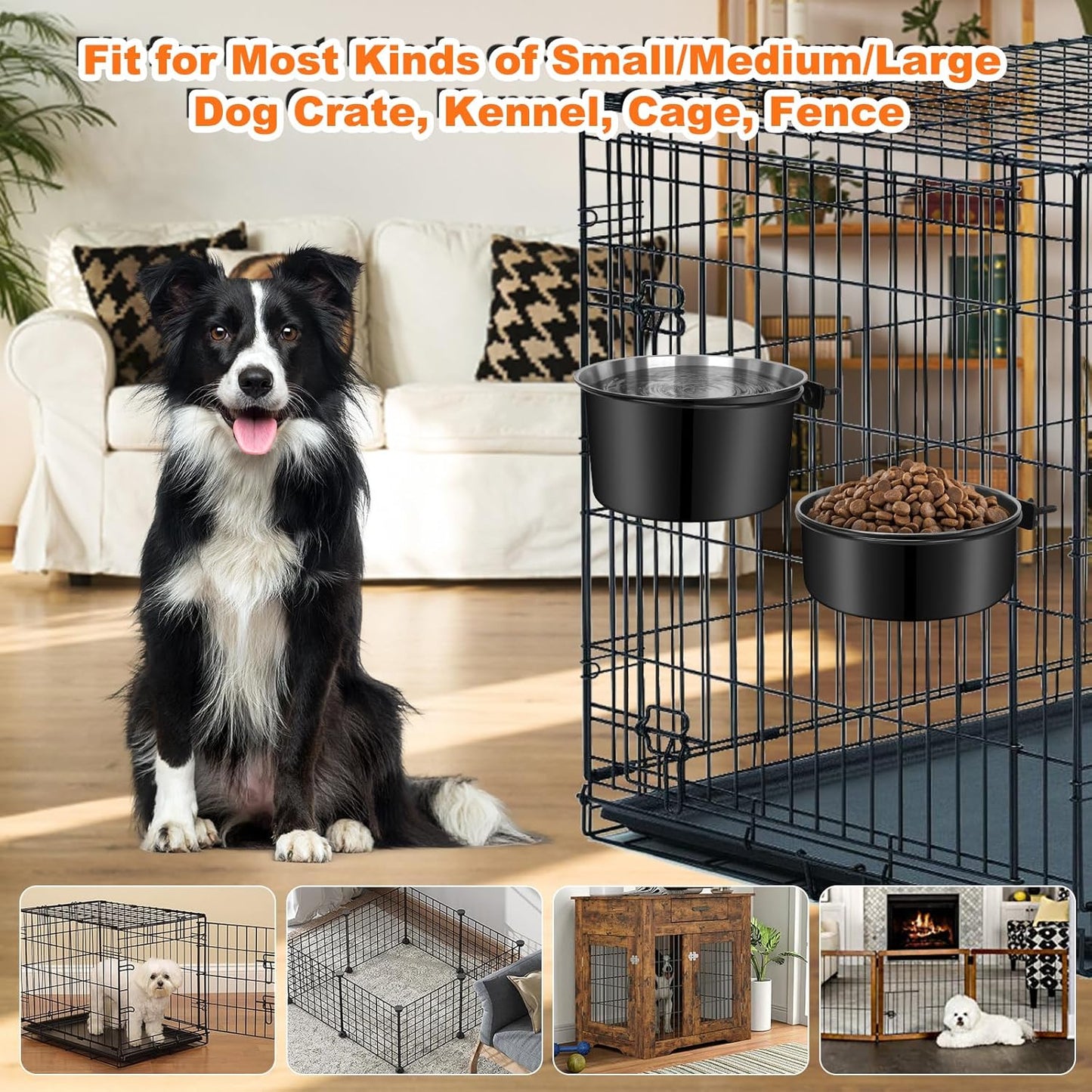 No Spill Water Bowl for Dogs, Sturdy Stainless Steel Dog Dishes 2 Pack with Dog Bowl Holder Hanging on Pet Cage Kennel Crate, Detachable Metal Food/Water Bowl Set for Medium/Large Dogs