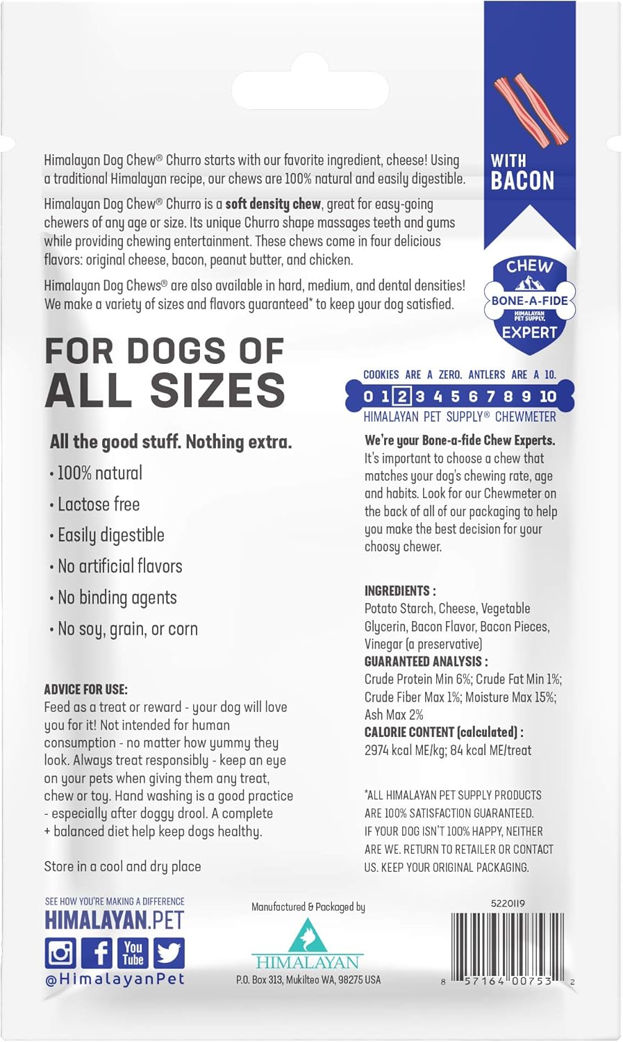 Himalayan Dog Chew Churro Yak Cheese Dog Chews, 100% Natural, Long Lasting, Gluten Free, Healthy & Safe Dog Treats, Lactose & Grain Free, Protein Rich, For All Breeds, Soft, Real Bacon Flavor, 4 Pack