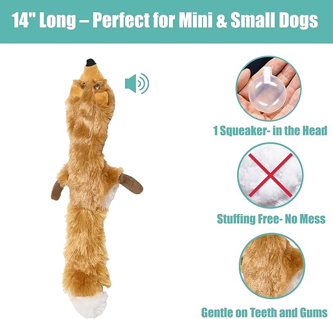SPOT Skinneeez Fox – 14" Stuffing-Free Plush Squeaky Dog Toy for Small & Medium Dogs, Best for Light to Moderate Chewers, Mess-Free Play