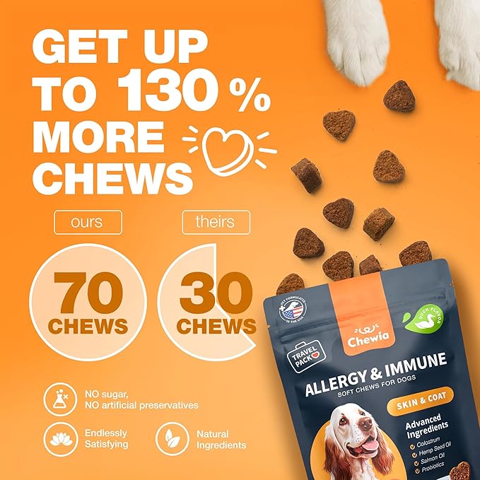 Dog Allergy Relief Chews - Itching Skin Relief Treats - Immune Health, Seasonal Allergies, Hot Spots Support Soft Chewables - Itch Relief for Dogs with Salmon Oil - Skin and Coat Supplement