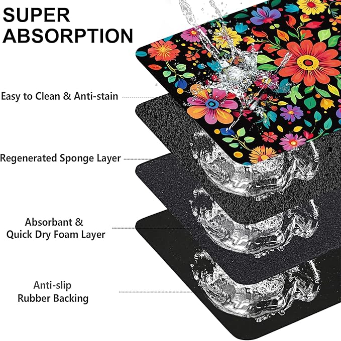 Colorful Mexican Floral Pet Feeding Mat-Quick Dry Absorbent Dog Cat Food Mat, Anti-Slip Water Bowl Mats for Messy Eaters-No Stains Indoor Pet Accessories 16"x24"